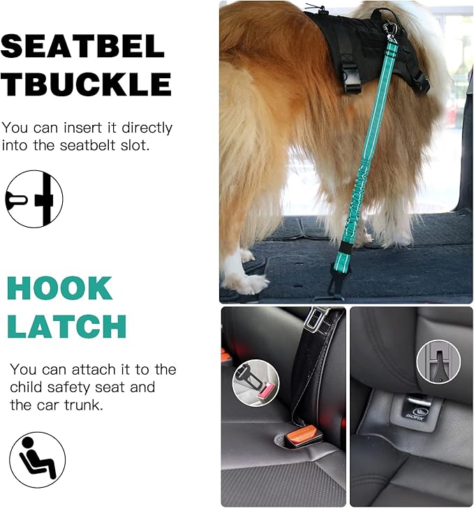 AUBELL Dog Seat Belt for Car,2 Pack Set 3-in-1 Adjustable Reflective Bungee Heavy Duty Dog Car Harness Tether with Clip Hook Latch & Buckle,Swivel Zinc Alloy Carabiner,Black+Teal-Mewly Pet