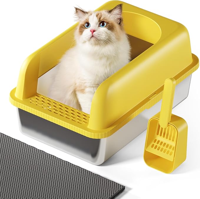 Stainless Steel Cat Litter Box with Lid, 24" L x 16" W x 11.8" H, Large Cat Litter Box for Multiple Cats with High Sided, No-Leak & Stick, Easy to Clean, Includes Litter Mat & Multi Functional Scoop-Mewly Pet