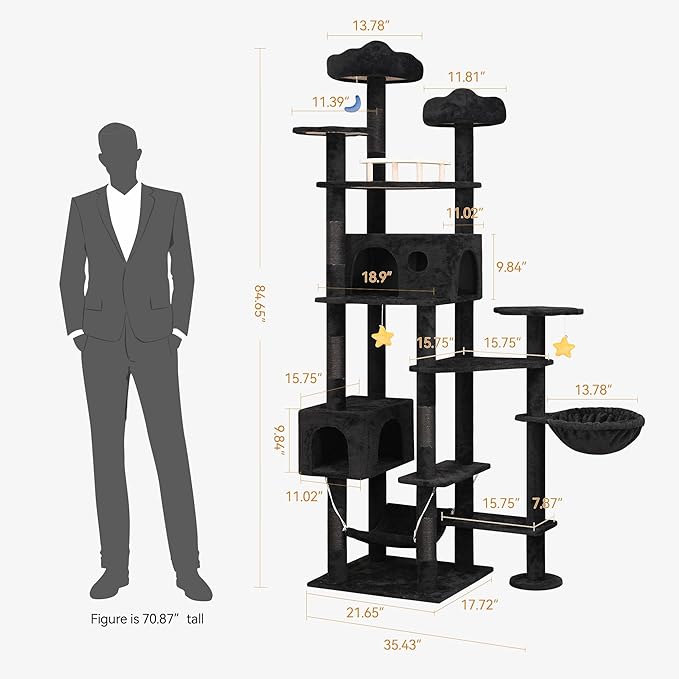 85inch Giant Cat Tree for Heavy Duty Big Cats, Multi-Level Luxury Cat Tower with Scratching Post, Cat Condo with Hammocks & Plush Perches for Indoor Cats Large Adult, Black-Mewly Pet