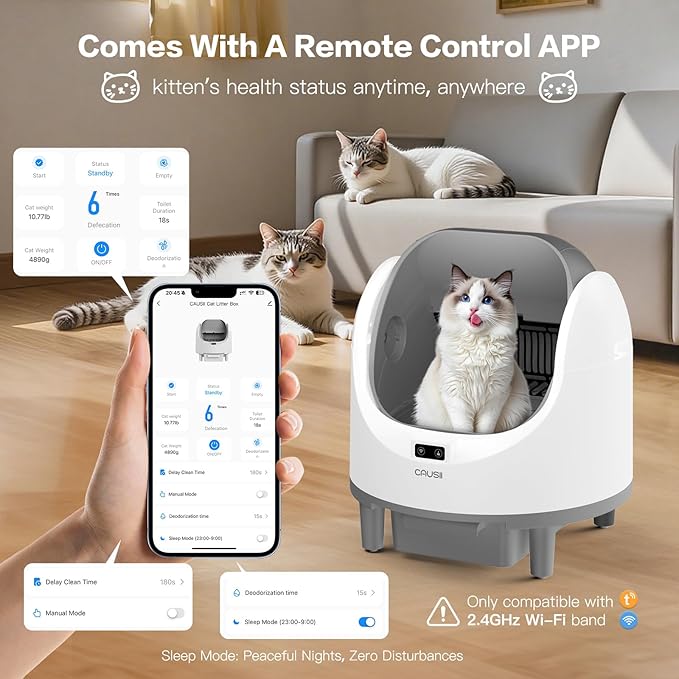 Automatic Litter Box, [Safe Anti-Pinch] CAUSII Large Capacity Self-Cleaning Cat Litter Box for Multiple Cats, App Control, Quiet & Odor-Free,for 3.5-24.2LB, with 30PCS Garbage Bags,Litter Mat-Mewly Pet