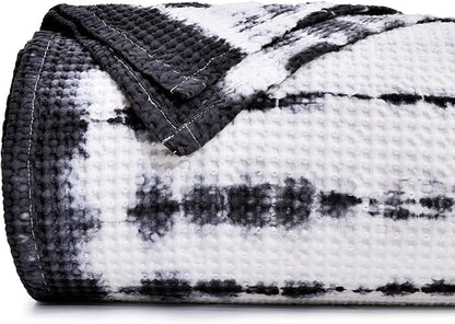 PHF 100% Cotton Tie-dye Waffle Weave Blanket King,Soft Breathable Skin-Friendly Durable Layering for All Season, Manual Elegant Delicate Pattern for Bed, Home Decor, Couch,Tie Dyed Charcoal, 104x90