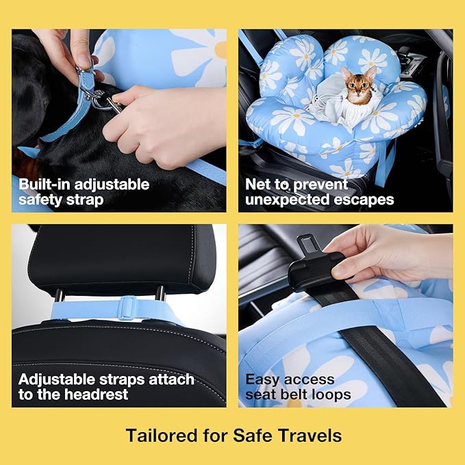 VETRESKA Pet Car Seat for Small Dogs - Washable Cat Carrier for Car Seat Portable Puppy Dog Bed, Pet Travel Carrier Bed with Safety Clip-On Leas-Mewly Pet