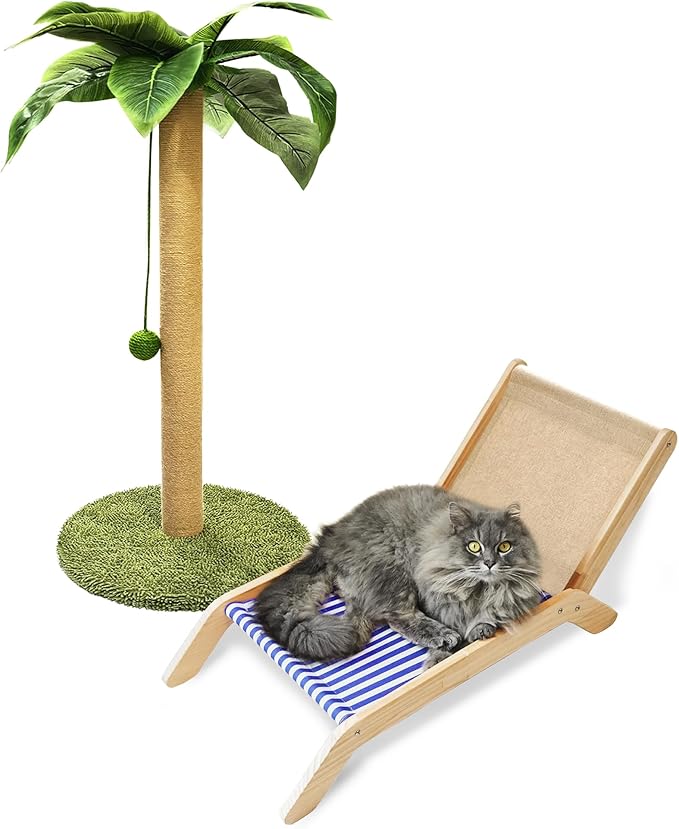 PETKARAY Cat Scratching Post with Cat Beach Chair, 36" Tall Palm Tree Cat Scratching Post, Large Sisal Cat Scratcher for Indoor Kittens-Mewly Pet