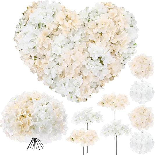 Zeyune 200 Pcs Hydrangea Artificial Flowers, Silk Flower Heads with Stems, Fake Hydrangea Bouquet for Wedding Arch Centerpiece DIY Floral Home Decoration (White and Champagne)