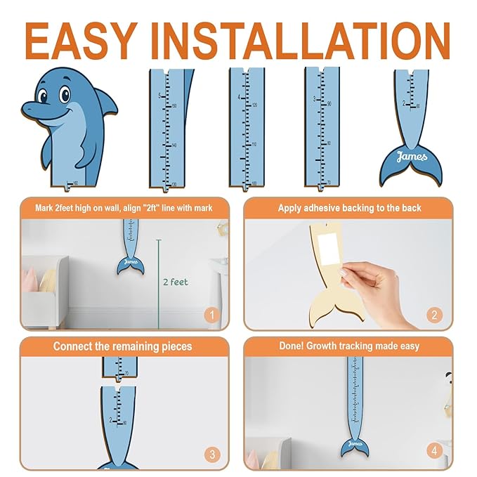 Personalized Growth Chart for Wall, Wooden Height Chart for Kids, Cute Height Measurement for Child/Girls/Boys, Baby and Toddler's Playroom/Kid's Room/Nursery Decor, Dolphin