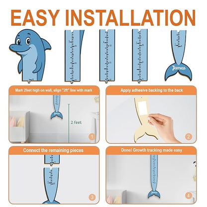 Personalized Growth Chart for Wall, Wooden Height Chart for Kids, Cute Height Measurement for Child/Girls/Boys, Baby and Toddler's Playroom/Kid's Room/Nursery Decor, Dolphin