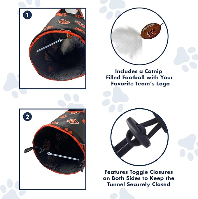 NFL Cincinnati Bengals Cat Tunnel Tube Toy with Plush Football Catnip and Feathers Collapsible Tunnel for Cats to Play, Peek and Hide, Sporty & Fun Cat Tunnel Toy with Team Logo All-Over Design!-Mewly Pet