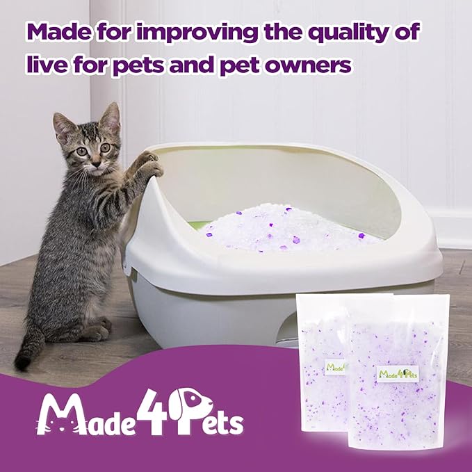 Made4Pets Cat Litter Crystals Kitty Litter Odor Control Crystal Litter Non Clumping No scooping Low Dust, Low Tracking, Lightweight, Dehydrates Waste,Lavender– 13.2 lbs (4 x 3.3 lb Packs)-Mewly Pet