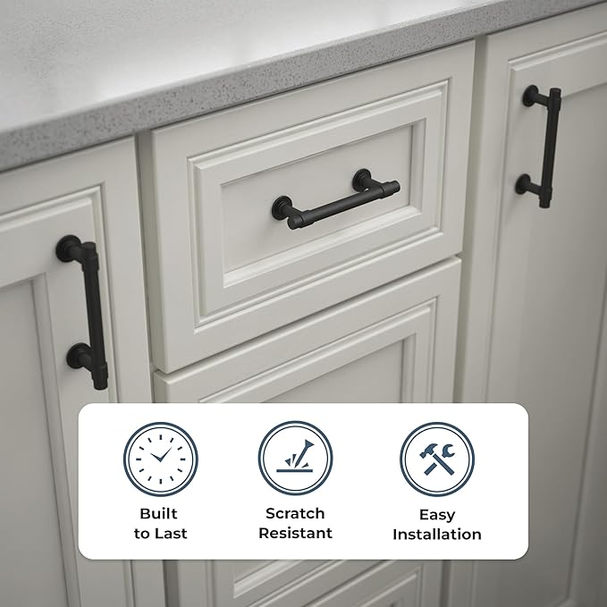 Franklin Brass - Francisco Matte Black Cabinet Handles 3 Inch (3") Hole Center Pulls | Easy Install, Durable Hardware for Kitchen Cabinet Door, Drawers, Dresser Pull, Furniture (5 Pack)