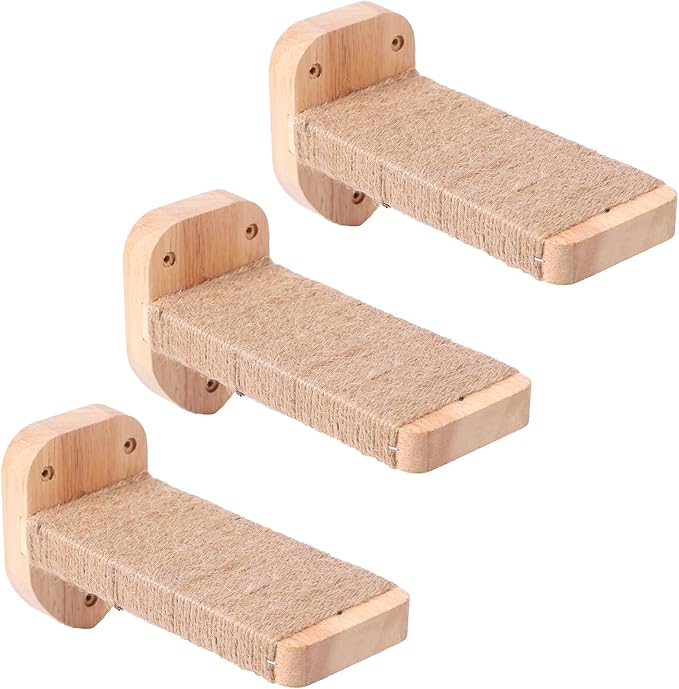3pcs Cat Wall Steps, Climbing Mounted Furniture, Shelves With Hemp Rope Covered, Solid Wood Ladder for Playing and Climbing (Standard-Wood)-Mewly Pet