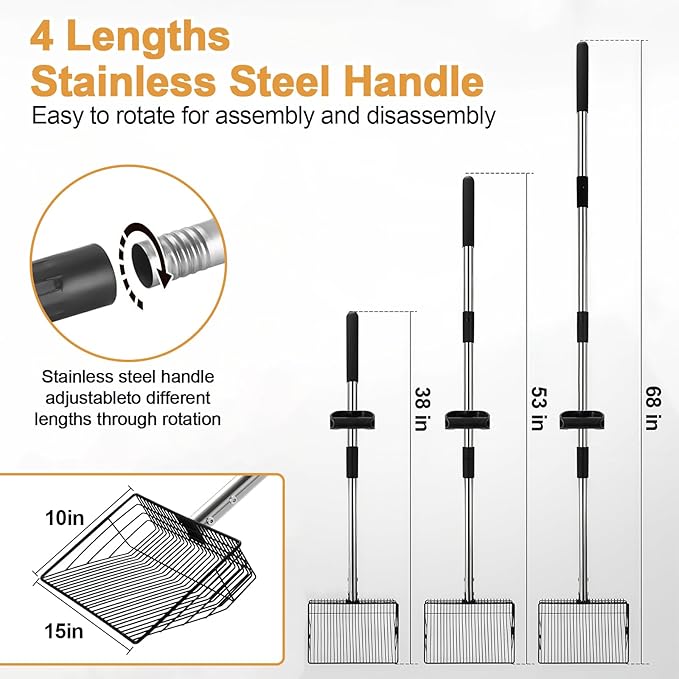 15" Chicken Poop Scooper & Rake, Metal Chicken Coop Scoop for Poop with 24 to 68" Adjustable Stainless Steel Handle, Litter Scooper Sifting Shovel Chicken Coop Accessories-Mewly Pet