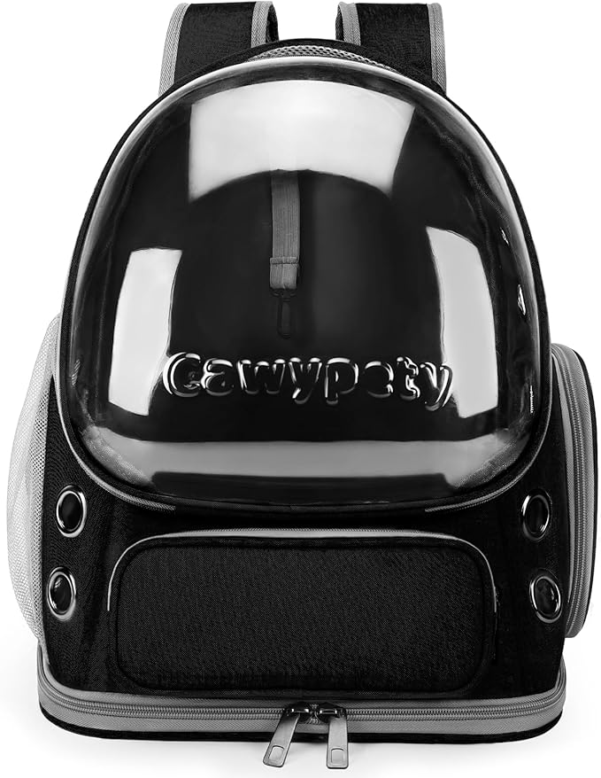 Cat Backpack Carrier, Breathable Cat Carrier Large Space Bubble Pet Backpack for Kitty Small Dog up to 12lbs, Transparent & Foldable Pet Carrier for Travel Hiking (Black-Mewly Pet