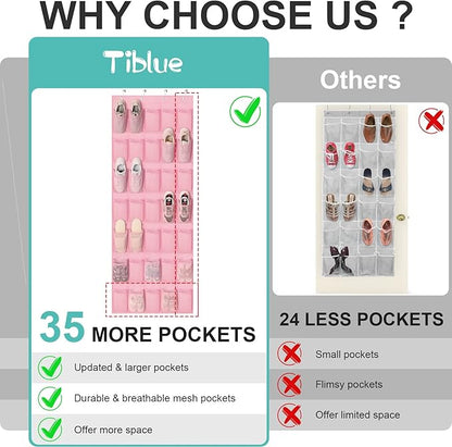 Tiblue Over The Door Shoe Organizers Pink with 35 Mesh Pockets Baby Organizer Storage Hanging Shoe Organizer Shoe Holder Rack For Toddler Girl Room Baby Room Craft Room Bedroom Pantry Bathroom Closet