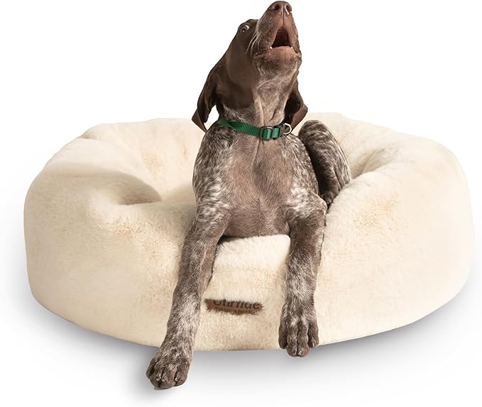 UnHide Floof Pet Bed - Medium (28" x 10") - Extra Soft Dog Bed - Removable Faux Fur Cover - Machine Washable - Helps Ease Pet Anxiety & Provides The Perfect Sleep - Beige Bear-Mewly Pet