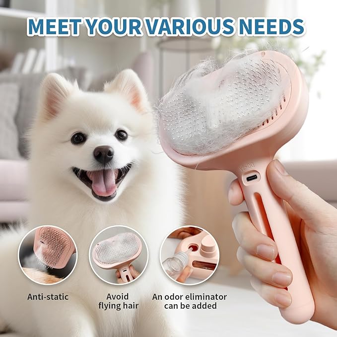 3-in-1 Self-Cleaning Steam Brush - Anti-Static, for Grooming Long & Short Pet Hair, Reduces Shedding, Pink-Mewly Pet