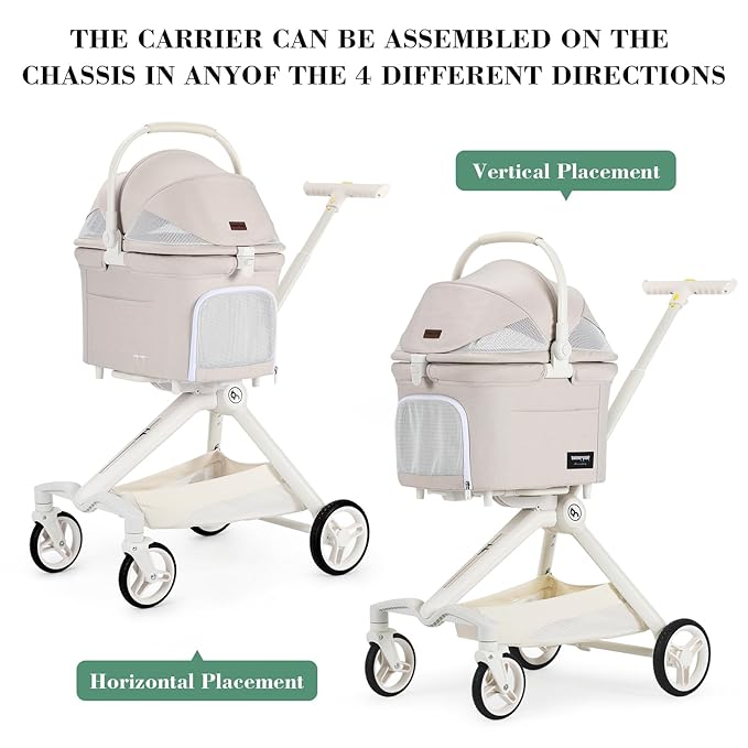 TT Lightweight Pet Stroller for Small Dogs & Cats - 4-Way Installation Carrier, One-Hand Fold, 180° Canopy Cover & Adjustable Handle (Beige)-Mewly Pet