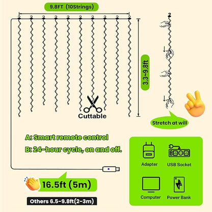 HXWEIYE 300LED Fairy Curtain Lights, 9.8x9.8Ft USB Plug-in 8 Modes Christmas String Hanging Lights with Remote for Bedroom Backdrop Wedding Party Indoor Wall Decor, Green, Standard