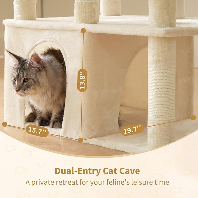 Heybly Heavy Duty Cat Tree, 71-Inch Tall Tower for Large Maine Coon with Extra-Large Baseboard, Cat Condo Furniture with Multi-Level Platforms, 2 Hammocks and 12 Scratching Posts, Beige HCT037M-Mewly Pet