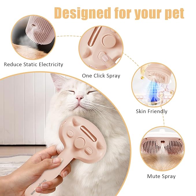 Cat Steam Brush for Shedding, Pet Steam Brush for Dog with Release Button,Anti-Static Pet Spray Hair Removal Comb,Cat Spray Comb for Long & Short Haired Pets,Pink-Mewly Pet