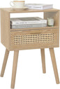 MaxSmeo Rattan Nightstand with Drawer, Mid Century Modern Wood Bedside Table for Living Room, Bedroom and Small Spaces (Rustic Walnut)