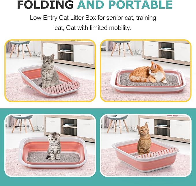 Open Top Cat Litter Box, Large Foldable Cat Potty Height-Adjustable Sides Anti-Splash, Open Air Kitty Litter Pan No Smell, Cat Toilet Easy Clean with Cat Litter Scoop (Pink)-Mewly Pet