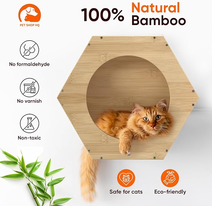Cat Wall Furniture - Climbing Shelves, Ladders, Hammock & More - Bamboo Material - Light Brown - Cat House, Shelves, Perches, Hammock, Bed, Bridges, Walkways-Mewly Pet
