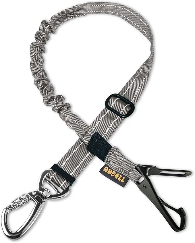 AUBELL Dog Seat Belt for Car,Updated 3-in-1 Adjustable Reflective Bungee Heavy Duty Dog Car Harness Tether with Clip Hook Latch & Buckle,Swivel Zinc Alloy Carabiner,Grey-Mewly Pet