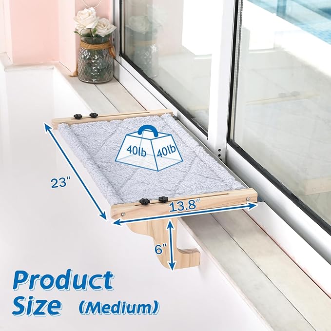 Easy Seat Cat Perch for Window Sill - Hammock Design w/Pine Wood & Robust Metal Frame - Cat Window Seat for Large Cats and Kittens (Natural Color Wood w/Gray Bed, Medium (23''W x 14''D))-Mewly Pet