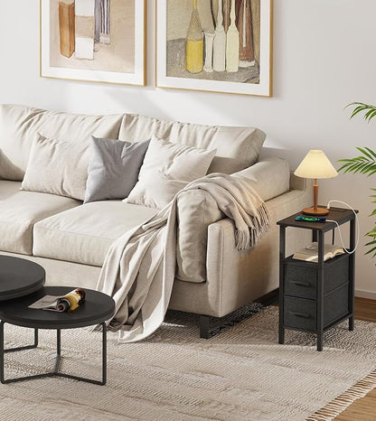 2 Set Narrow Side Table for Small Spaces, Skinny End Table with Charging Station, Sofa Beside Table with 2 Fabric Drawers and 1 Open Compartment, Slim Nightstand with USB Ports Outlet, Black UTBT004B