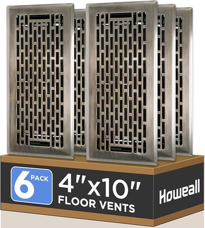4x10 Inches 6 Pack Heavy Duty Walkable Floor Register - Easy Adjust Air Supply Lever Decorative Floor Vent Covers, Boston Design Vent Covers for Home - Antique Brass