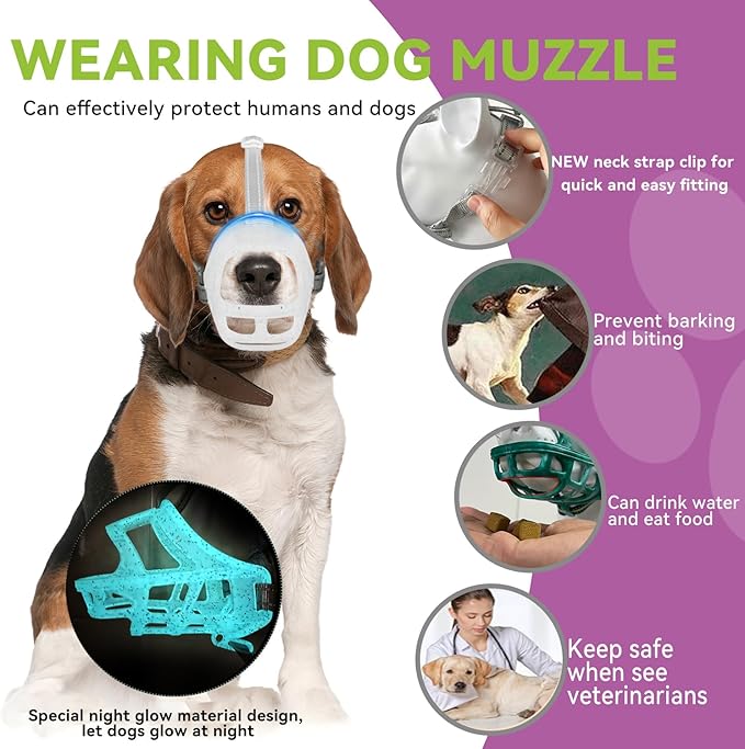 Glow-in-The-Dark Dog Muzzle, Basket Muzzle for Small Medium Large Dogs,Anti-Biting Chewing, Lightweight Cage Design,Allows Drinking & Panting,for Grooming & Training (Transparent Size L)-Mewly Pet