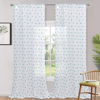 MYSKY HOME 108 Inch Long Large Pom Pom Sheer Curtains for Living Room - Aqua White, Light Filtering, Rod Pocket Window Panels - 38 x 108 inch, 2 Pieces