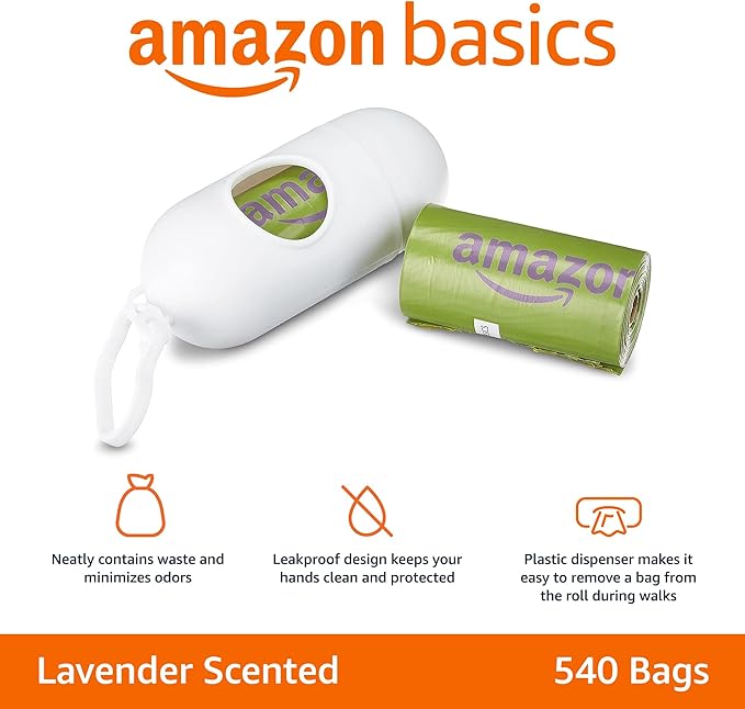 Amazon Basics Dog Poop Bags with Dispenser, 540 Count, Enhanced for Guaranteed Leakproof, Lavender Scented, Includes Leash Clip-Mewly Pet