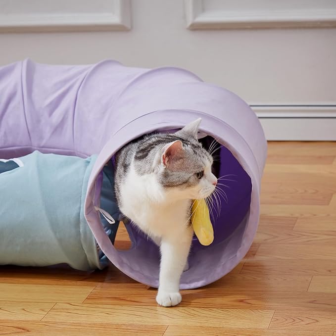 Cat Tunnel, Large Indoor Durable Collapsible Interactive Cat Tube with Peek-A-Boo Hole, Hanging Toys, and Crinkly Paper Lining - Cute Tunnel for Cats, Kittens, Puppies & Rabbits, Purple-Mewly Pet