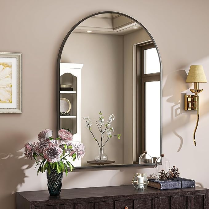 VooBang Arched Wall Mirror, 30 x 38 inch Arch Bathroom Mirror, Wall Mounted Vanity Mirror with Arch Metal Frame, Modern Bathroom Vanity Mirror for Bedroom, Living Room, Hanging or Leaning, Black