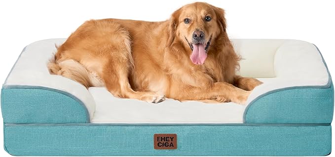 EHEYCIGA Orthopedic Dog Beds for Extra Large Dogs, Waterproof Memory Foam XL Pet Bed with Sides, Non-Slip Bottom and Egg-Crate Foam Big Dog Couch Bed with Washable Removable Cover, Turquoise Blue-Mewly Pet