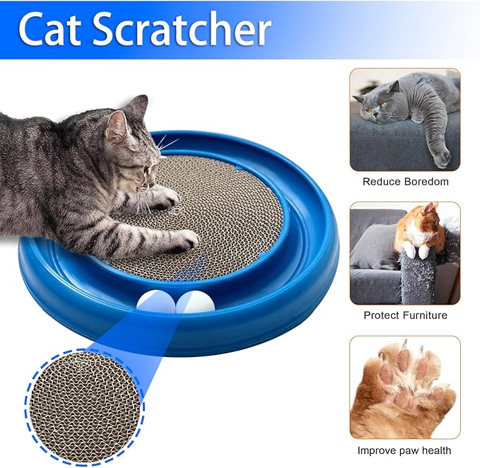 Interactive Cat Ball Track Toy for Indoor Cats, Cat Scratching Board & Exercise Set for Bored Indoor Adult and Kitten Mental & Physical Stimulation, with Spare Ball to Prevent Loss (Blue)-Mewly Pet