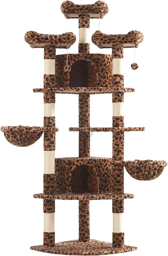 SHA CERLIN 73in Fan-Shaped Corner Cat Tower for Save Space/Multi-Level Tall Cat Tree for Indoor Kitties/Condo with Baskets/Cozy Perches/Sisal Scratching Posts/Pet Activity House/Leopard Print-Mewly Pet