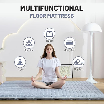 Japanese Floor Mattress Queen, Anti-Slip Japanese Futon Foldable Tatami Mat for Guests, Grey