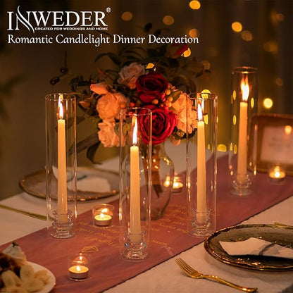 Glass Hurricane Candle Holder: 12" Tall Candlestick Holder with Cylinder Windproof Cover Clear Taper Candle Holders for Wedding Party Birthday Christmas Home Decor Set of 2