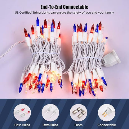 4th of July Decorations Patriotic Lights 100 Count Mini Red White Blue Incandescent Bulb Plug in Independence Day Lights for Indoor Outdoor Home Garden Patriotic Theme Memorial Day Decorations