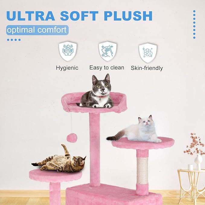 FDW Cat Tree 54in Cat Tower Multi-Level Durable Cat Scratching Post & Cozy Fun Cat Jumping Platform Space Saving Cat Condo Pet Play House for Indoor Cats,Pink-Mewly Pet