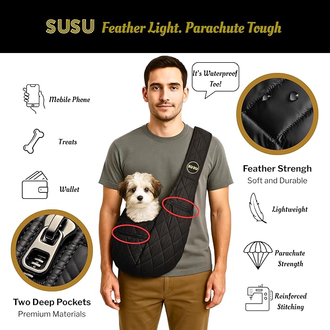 Small Dog Carrier Sling Bag – Hands-Free up to 10 lbs -10.5″ Deep Pouch, Dual Snap-Clip Closure + Drawcord, 4″ Padded Strap, Safety Tether, Zipper Pockets, Machine-Washable-Mewly Pet