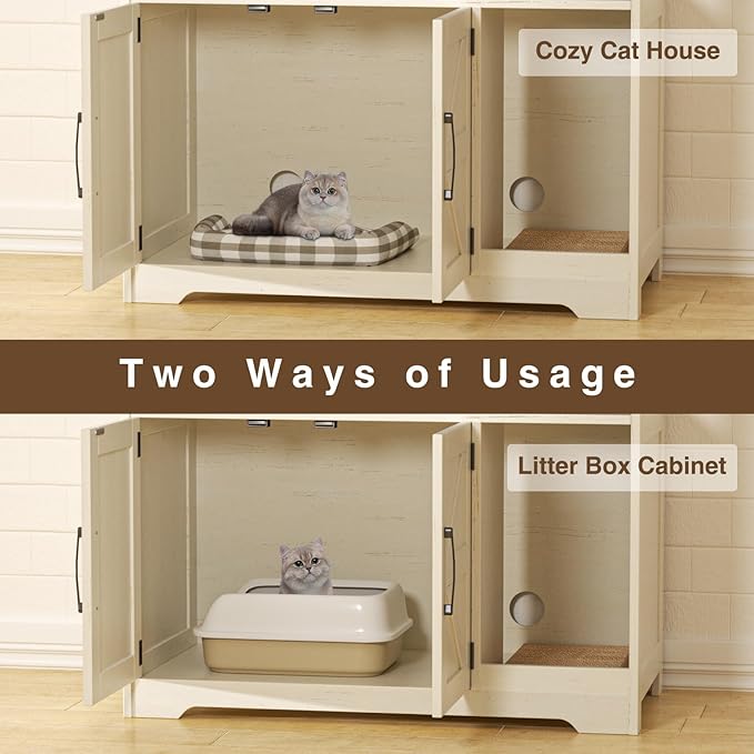 Cat Litter Box Enclosure, Hidden Litter Box Furniture with Scratch Pad, Farmhouse Indoor Cat House Washroom End Table, White-Mewly Pet