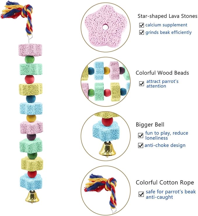2 Pack Mineral Block Chew Toys with Colorful Beads and a Bell, Bird Beak Grinding Stone, Cage Accessories for African Grey, Budgies, Cockatiels, Small to Medium Birds-Mewly Pet