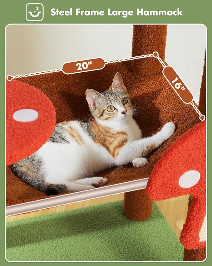 Mushroom Cat Tree Tower with Removable Scratcher, Large Hammock, Condo, Perch, 3 Sisal Posts – Multi-Level Cat Tree for Indoor Cats, Cute Cat Tower for Small Space Homes-Mewly Pet