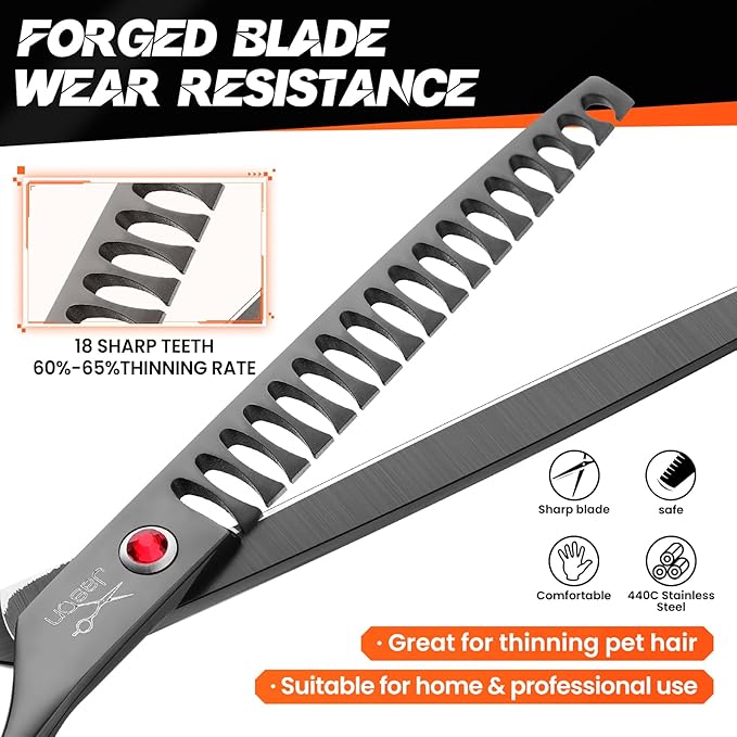 JASON 7.5" Dog Grooming Scissor - Professional Thinning Chunker Shear with 18 Teeth Japanese Stainless Steel Hair Scissors for Dogs, Cats and Other Pets (Chunker, Black)-Mewly Pet