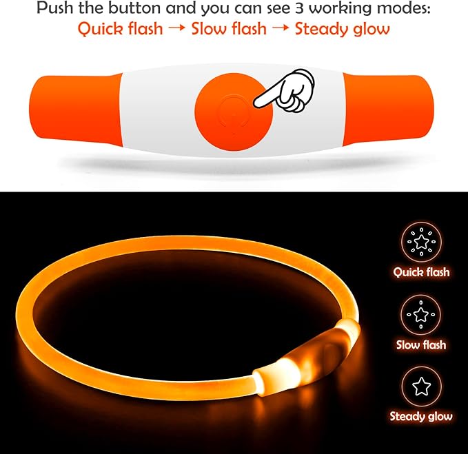 Led Dog Collar, BSEEN USB Rechargeable Flash Dog Necklace Light, Pet Safety Collar Makes Your Beloved Dogs Be Seen at Night for Small Medium Large Dogs(Orange)-Mewly Pet
