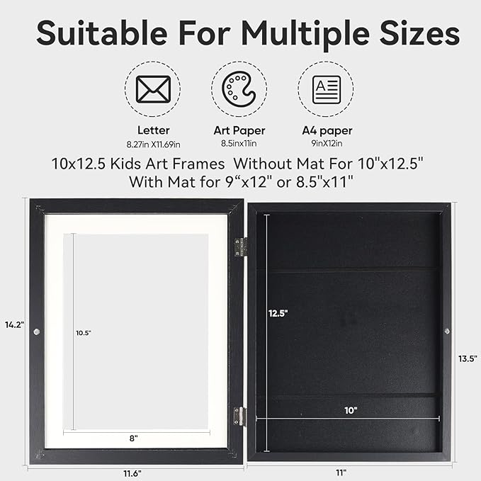 [4-Pack]Kids Artwork Frames Changeable - Kids Art Frame,Kids Art Frames Front Opening Holds 150,Children Art Projects Kids Art Frames,10x12.5 Picture Frame for Display Kid Art Work,With Storage(Black)