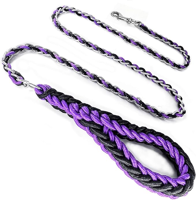 Dog Leash Rope Chain, Nylon Rope Metal Chain for Pet Leads. 6ft Heavy Duty Chew Proof Training Walking for Medium Large Dogs. (Medium, Purple&Black)